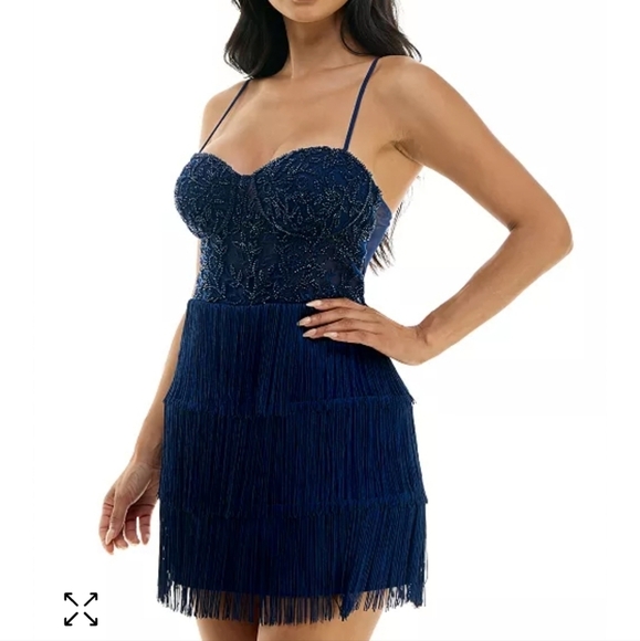 NWT B Darlin beaded corset fringe mini dress in slim blue Size 1/2 - Picture 3 of 8